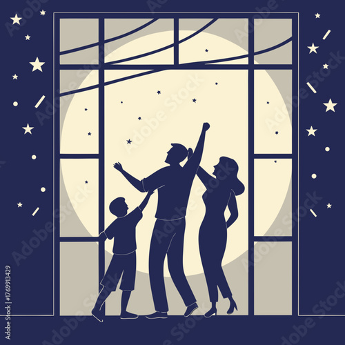 Family gazing at the moon and stars through a window at night time scene