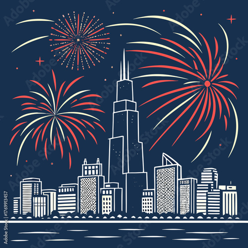 Fireworks over chicago city skyline at night celebration scene illustration