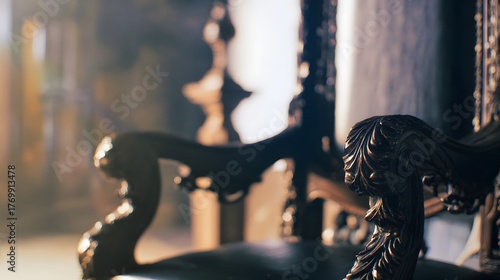 throne. Empty ornate throne in grand hall with soft side lighting and shallow depth of field. real-estate listings.