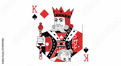 Illustration of a king of spades playing card with crown and scepter on a white background design art