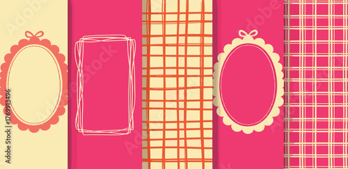 A charming collection of vintage-inspired vertical banners with hand-drawn oval frames and classic plaid patterns for scrapbooking and design