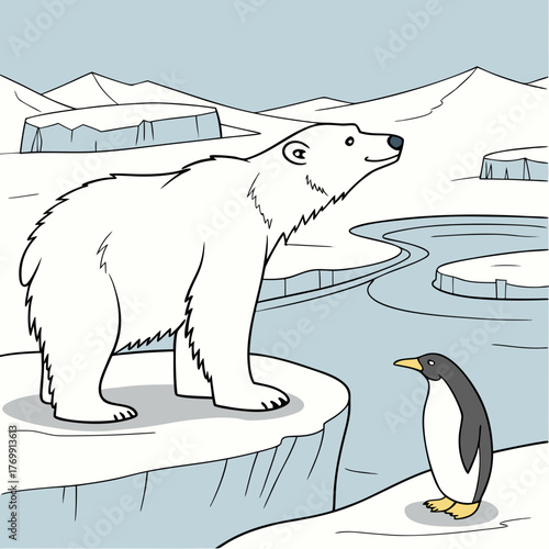 Polar bear and penguin on the ice floe in the arctic landscape