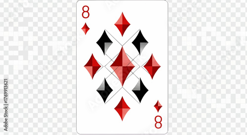 An eight of diamonds playing card featuring red and black diamond suits on a white background design