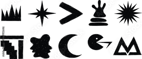 A collection of hand-drawn scribble shapes including squares, circles, and banners. Abstract messy sketch elements with a grunge texture for design