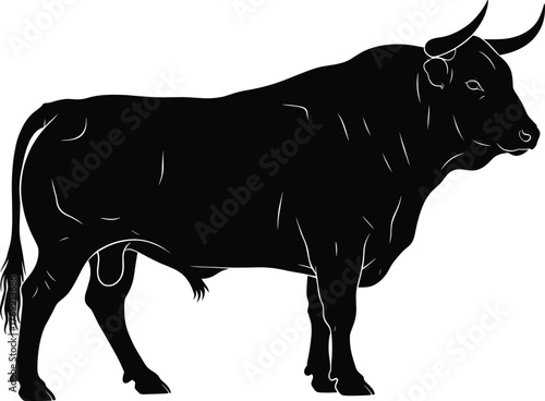 Black bull silhouette standing in side view, detailed vector illustration for farm animal design, agriculture, livestock, strength, power, and wildlife graphic artwork