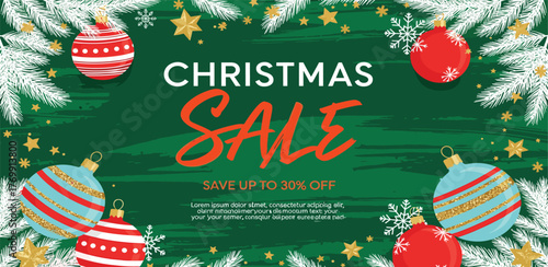 Festive Christmas Sale Banner Up to 30% Off on Decorations and Gifts with Holiday Cheer and Sparkle!