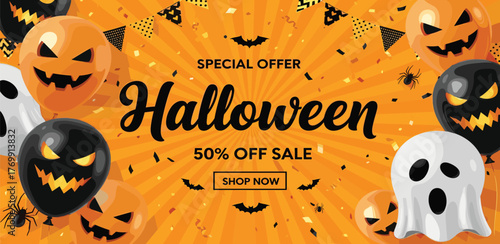 Vibrant Halloween Event Promotion Banner with Spooky Character Balloons, Offering Seasonal Discounts and Festive Celebration Appeal