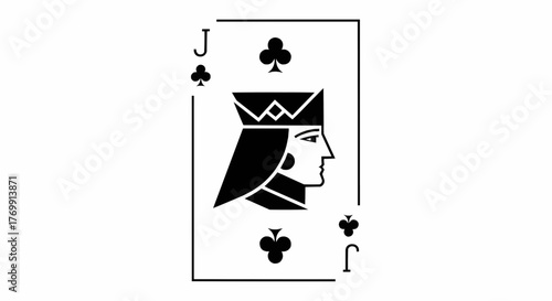 Illustration of jack of clubs playing card with black suit symbol and face card inside frame design