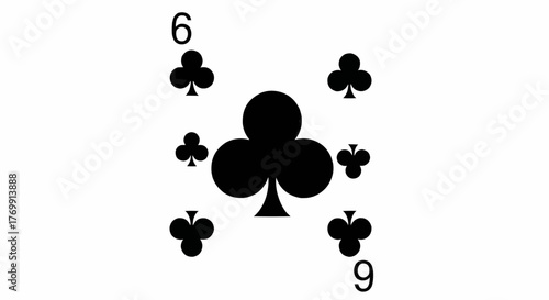 Illustration of the six of clubs playing card with black symbols on a white background and numbers at corners