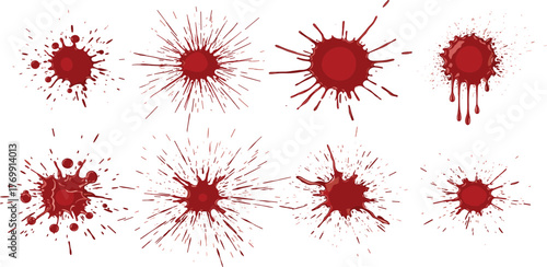 Set of various red liquid splashes, splatters and blots isolated on white background