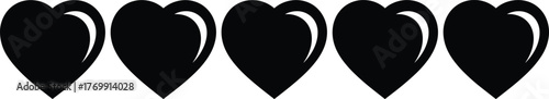 Black heart icons with glossy highlights in a row, modern romantic love vector illustration for decoration, design, and valentine concept