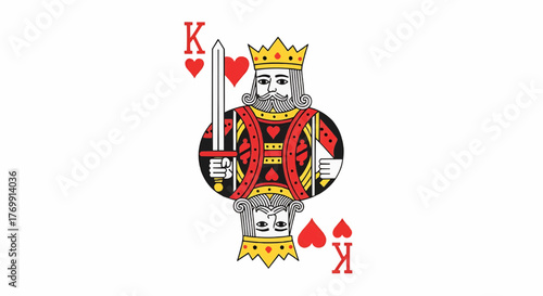Illustration of the king of hearts playing card with a sword and crown on a white background card game