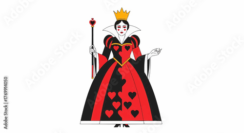 Illustration of queen of hearts with crown and scepter in red and black gown on white background