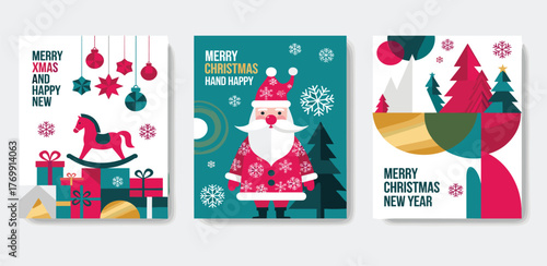 Festive Christmas greeting cards featuring Santa, rocking horse, gifts, and trees, with geometric shapes and snowflakes