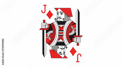 Illustration of the jack of diamonds playing card with swords and red suit on a white background design