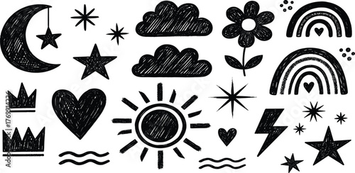 Hand-drawn doodle set of sun, moon, stars, clouds, flowers, rainbows, and hearts in black and white