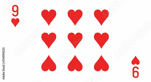 Nine of hearts playing card with red hearts and numbers on a white background for card games and gambling