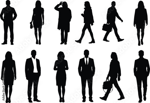 Business people silhouettes walking and standing, professional men and women vector illustration for corporate teamwork, leadership, communication, and modern office lifestyle design