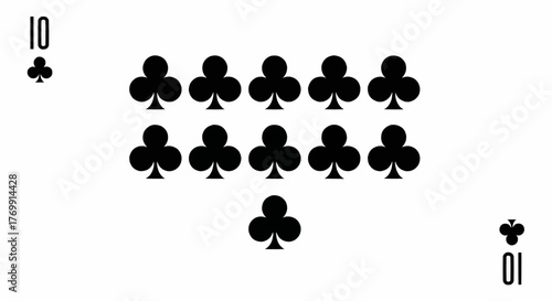 Ten of clubs playing card with black clubs arranged in rows on a white background with number ten