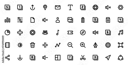 Element UI_5834 icon set. Minimal vector icons pack.Includes symbols for uploa, email, globe, settings, ownload, share, music, map user, battery and more. Eitable stroke.