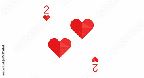 Illustration of two of hearts playing card with red suits and white background in simple design style