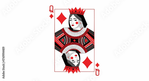 Illustration of queen of diamonds playing card with red crown and diamond suit symbol on white background