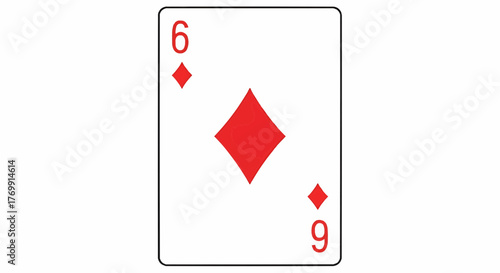 A playing card with a white background displays the six of diamonds with red symbols and numbers