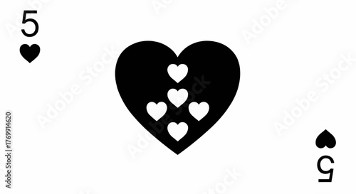 Illustration of a five of hearts playing card with black and white heart symbols on a white background