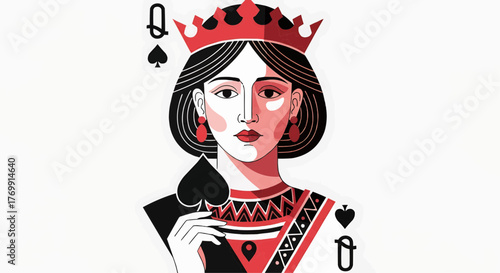 Illustration of queen of spades card with red crown and earrings on a white background in portrait style