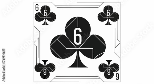 A black and white illustration of a playing card with clubs and the numbers six and nine displayed