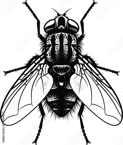 Detailed housefly vector illustration, realistic black insect drawing with transparent wings and fine body texture, entomology biological design for science and pest control