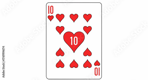 Illustration of a ten of hearts playing card with red hearts and number ten on a white background