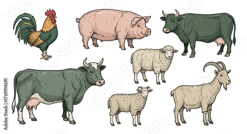 A diverse collection of illustrated domestic farm animals for agricultural and rural life concepts