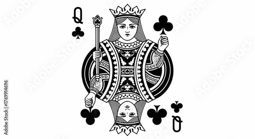Illustration of the queen of clubs playing card with crown and scepter in black and white style