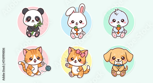 Delightful vector collection of six charming baby cartoon animals including panda, bunny, chick, playful kittens, and a happy puppy dog