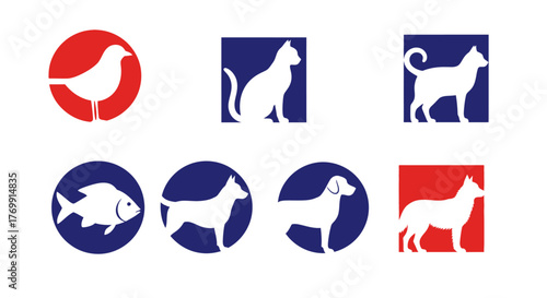 Set of Animal Silhouettes Bird, Cat, Fish, and Dog Icons in Circular and Rectangular Shapes
