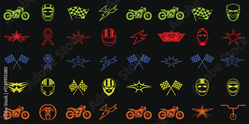 motorcycle racing icons collection in vibrant colors including checkered flags helmets lightning bolts trophies and speed symbols for creative automotive vector art and motorsport graphics design