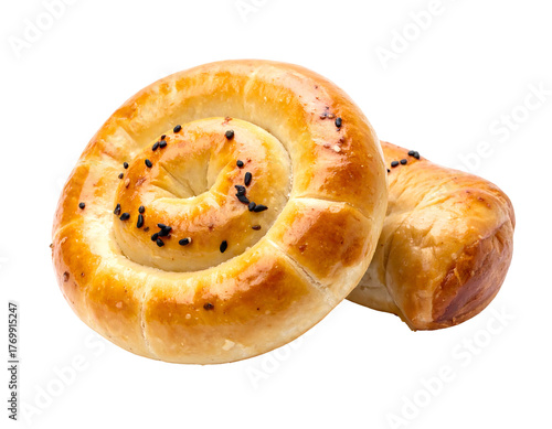 Two golden, spiraled pastries topped with black seeds against a transparent background