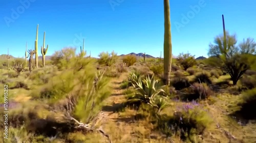 scenic view of a desert landscape with cacti, shrubs, and a clear blue sky.