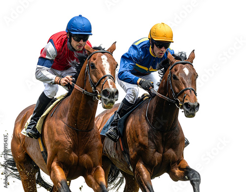 Two racehorses compete head-to-head with their jockeys in colorful silks during a horse race, intense and fast