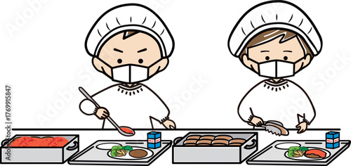 給食当番でパンとおかずを配膳する男の子と女の子