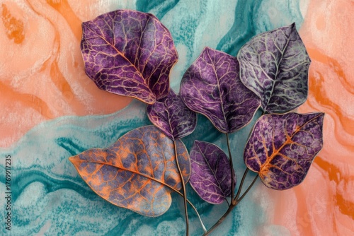 Vibrant purple and orange leaves rest atop a backdrop of swirling teal and peach tones, creating a visually striking and artistic composition.