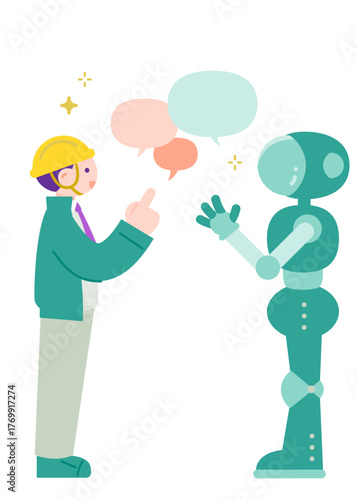現場でAIロボットと話す作業員　自動化・省人化のイメージ