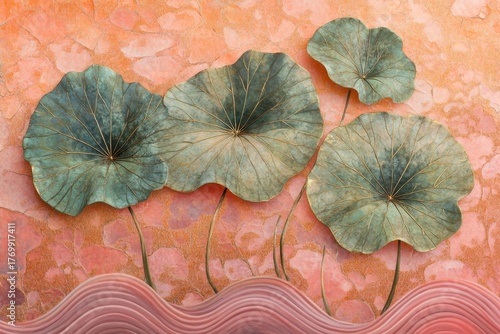 Wallpaper Mural Decorative lotus leaves, rendered in muted greens and pinks, against a textured backdrop, evoking a tranquil, serene atmosphere. Torontodigital.ca
