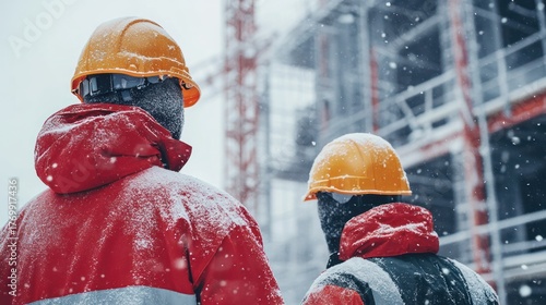 Construction Workers in Snowstorm on Building Site