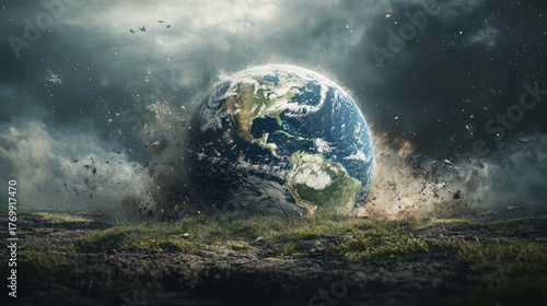 Earth Exploding Amidst Stormy Skies and Debris