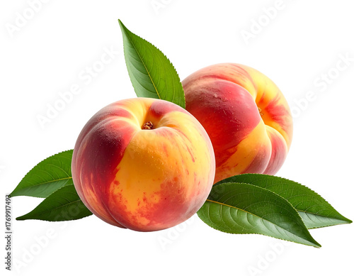 Wallpaper Mural Two ripe peaches with green leaves isolated against a black background, close-up Torontodigital.ca