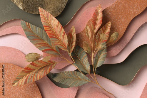 A stylized arrangement of leaves in warm earthy tones against layers of textured, wavy surfaces creates a visually appealing, artistic composition.