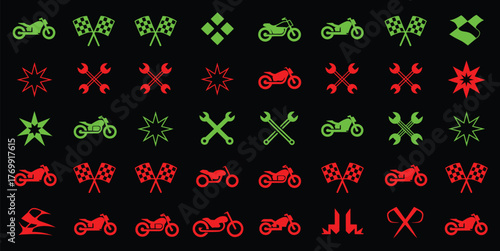 set of colorful motorcycle racing and maintenance icons with wrenches gears checkered flags stars and helmets perfect for vector illustrations decals logos and automotive design projects