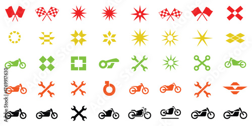 colorful motorcycle racing and mechanic icon set with checkered flags wrenches gears stars and tools ideal for motorbike service shop graphics and racing themed vector design projects